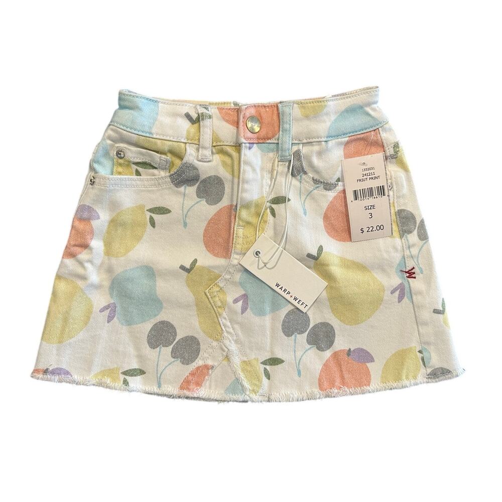 NWT Warp + Weft Fruit Denim Skirt – Toddler Girl Size 3, White/Pastel Print